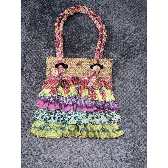 CAPPELLI Straworld Rattan and Multicolor Tiered Ruffles Double Top Handles Bag - Picture 3 of 16